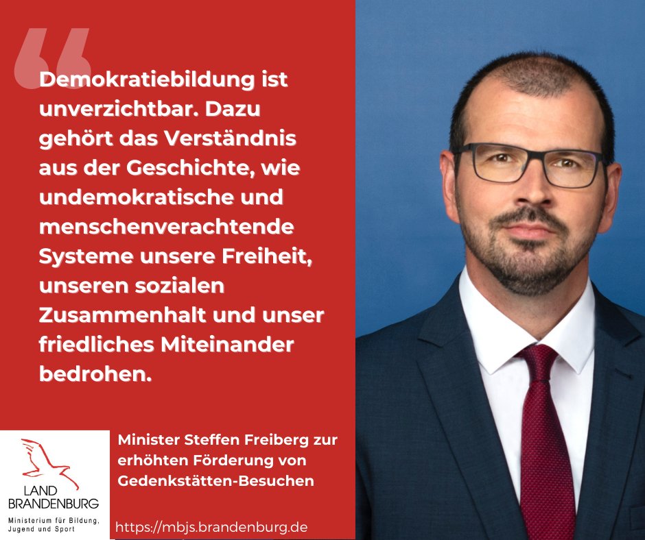 MBJSBrandenburg's tweet photo. #LernenAusDerGeschichte: Das #MBJS hat die Förderung von Gedenkstättenfahrten für Schulen auf über eine halbe Million Euro erhöht - Unterstützung für Besuche von #Schüler|innen in #Gedenkstätten in Brandenburg, Berlin und Polen. #Demokratiebildung 
https://t.co/MkDRnQ0jwX https://t.co/7QBpjKQmFF