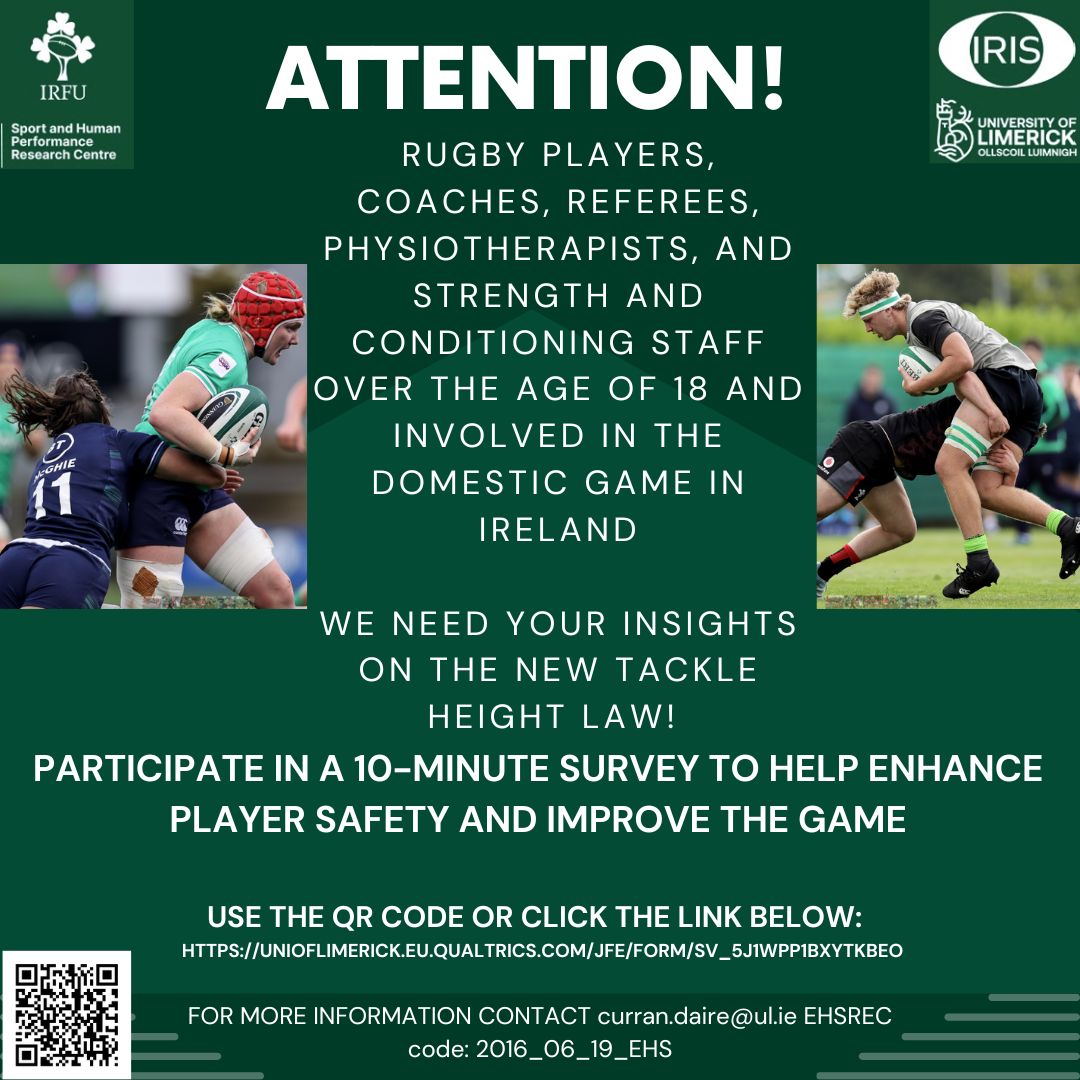 TheRoyalCalhoun's tweet image. Rugby players, coaches, referees, physiotherapists, and strength &amp;amp; conditioning coaches in Ireland—your insights on the new tackle height law are crucial! Click the link or scan the QR code to participate: unioflimerick.eu.qualtrics.com/jfe/form/SV_5j……
@irishrugby

@IRFUSportsmed

@IRFUSaferugby