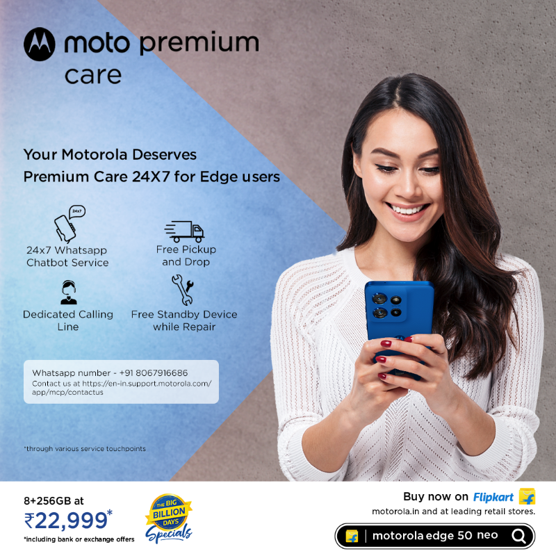 motorolaindia's tweet photo. Introducing Premium Care, designed for our Motorola Edge users. Chat, call, or drop off your phone anytime, and we’ll handle the rest.

#MotorolaEdge50Neo launched with 8+256GB at ₹22,999*/-. Buy Now @Flipkart, https://t.co/YA8qpSWDkw &amp; leading stores. 

#ReadyForAnything
