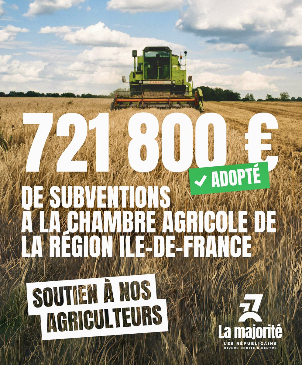 #Agriculture  

🤝 Le <a href="/Departement77/">Seine-et-Marne</a>  poursuit son partenariat avec la Chambre d’Agriculture de Région Ile-de-France <a href="/CAIDF/">Chambre d'agriculture de Région IDF</a> 🌾 

👉 721 800 € de subventions

Soutien à nos #agriculteurs !  🚜

#DirectMajo77 #SéancePublique