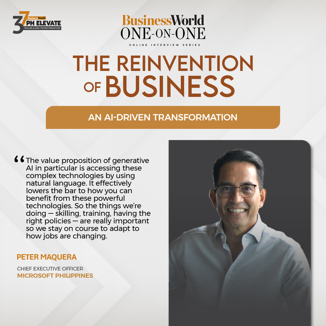 bworldph's tweet photo. On how AI will change jobs and displace workers, Mr. Maquera believes that the key is in the timing of how fast AI can transform businesses compared to how fast people can upskill so that they can handle the changing job market. #BusinessWorldAt37 #BWOneOnOne #ReinventingBusiness https://t.co/TzFEaOQbXC
