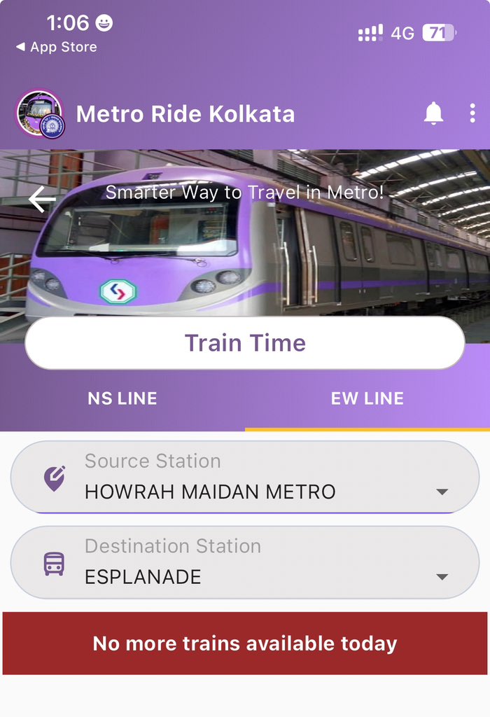 suvgen's tweet photo. T461 It's midday, but the Kolkata Metro app claims no more trains available today. How ironic that @metrorailwaykol is busy promoting the app instead of fixing it! #KolkataMetro #FixTheApp https://t.co/4FuKPQWpLN