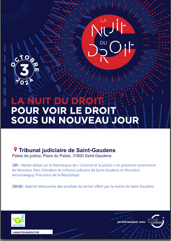 Nuit du Droit - 3 octobre 2024 : Les tribunaux d’Albi, Foix, Montauban et Saint-Gaudens organisent également plusieurs manifestations gratuites et ouvertes à tous. Découvrez leur programme et n’hésitez pas les partager, ils auront plaisir à vous accueillir (sur réservation) !