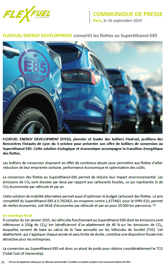 Flexfuelcompany's tweet photo. [Communiqué de Presse]

FlexFuel Energy Development (FFED) pionnier et leader des boîtiers FlexFuel, profitera des Rencontres Flotauto de Lyon du 3 octobre pour présenter son offre de boîtiers de conversion au Superéthanol-E85. Cette solution écologique et économique accompagne la transition énergétique des flottes. 🚗

#flexfuel #conversionethanol