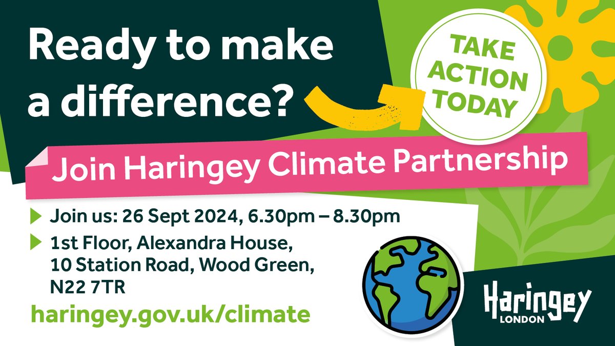 🌞 Good morning, #Haringey!

🌍 Ready to make a difference? Join us this evening, 26 September, for the Haringey Climate Partnership meeting.

🌳 Let’s create a fairer, greener future together!
 
📍 Alexandra House, Wood Green
⏰ 6:30-8:30pm
🌱 Sign up: bit.ly/3TEoTmp