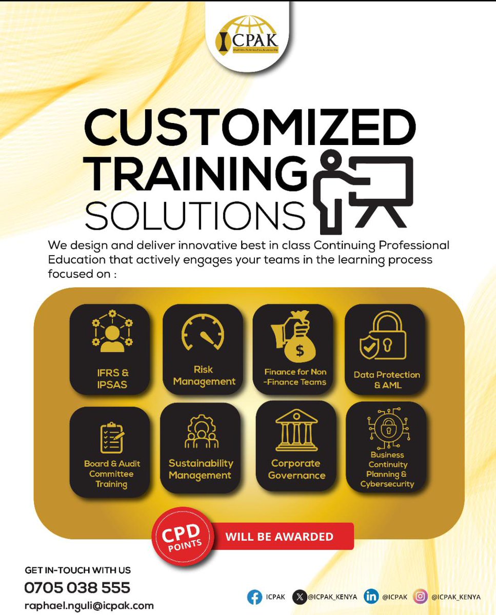 ICPAK_Kenya's tweet image. Our #customizedtraining solutions are tailored specifically for you and your team. Reach out today to start enhancing your skills and achieving your goals. See more details in the poster. ^CA