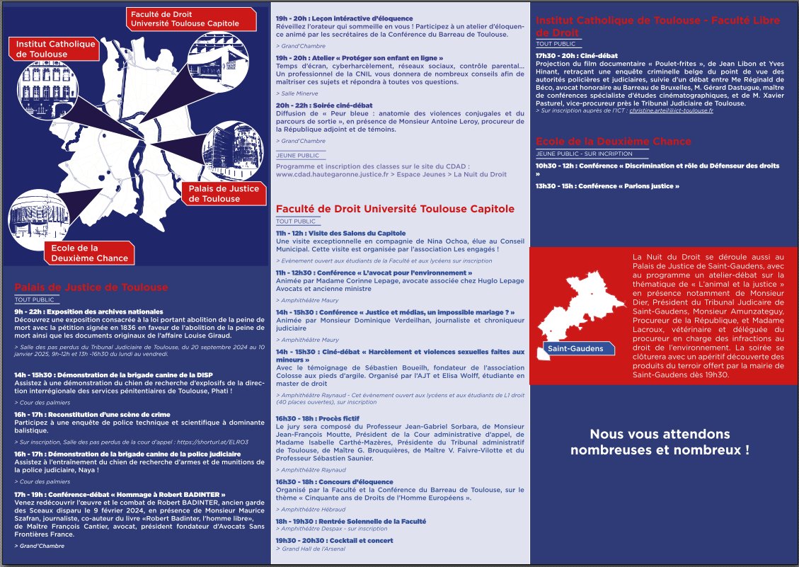 ppcaToulouse's tweet photo. Nuit du Droit - 3 octobre 2024 : le Palais de Justice de Toulouse, l’Université Toulouse Capitole 1 et l’institut Catholique de Toulouse proposent de nombreux évènements gratuits et ouverts à tous.  Venez nombreux mais attention réservation préalable parfois obligatoire ! https://t.co/JuATeslH6K