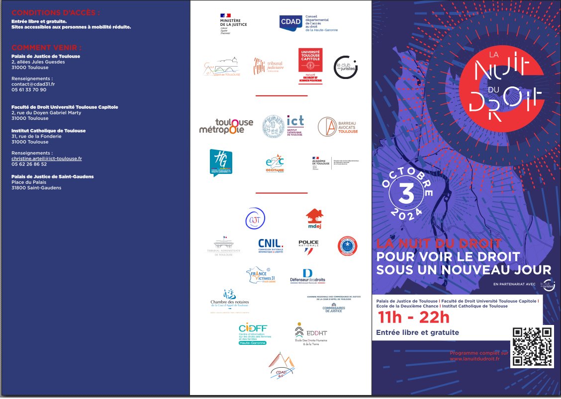 Nuit du Droit - 3 octobre 2024 : le Palais de Justice de Toulouse, l’Université Toulouse Capitole 1 et l’institut Catholique de Toulouse proposent de nombreux évènements gratuits et ouverts à tous.  Venez nombreux mais attention réservation préalable parfois obligatoire !