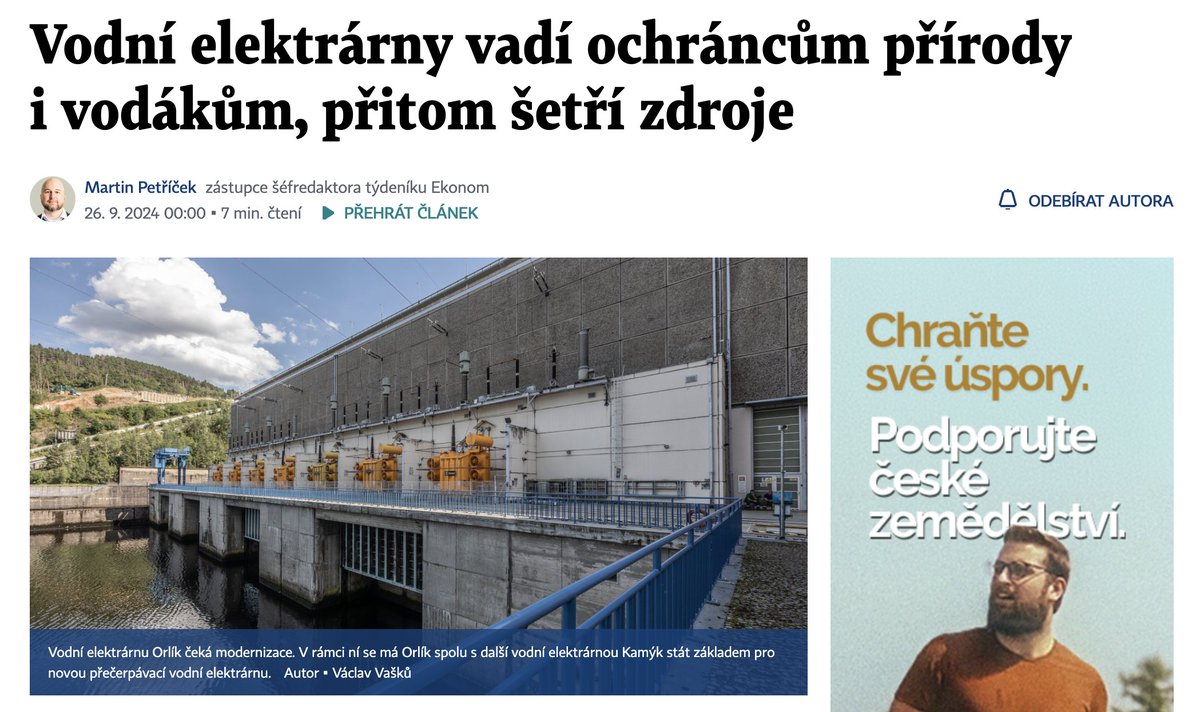 Malé vodní elektrárny hrají důležitou úlohu pro stabilizaci sítě. Měli bychom dbát na to, abychom některý OZE nezanedbali a rozvíjeli je všechny. Pokud by se stavěla jen FVE, mohli bychom ohrozit celý energetický systém. 
Dobrá práce <a href="/martinpetricek/">Martin Petříček</a> dnes v <a href="/hospodarky/">Hospodářské noviny</a>