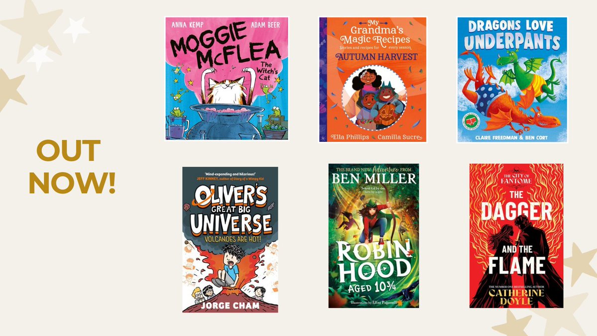 simonkids_UK's tweet photo. Happy Publication Day to these amazing books! 📚 

'Moggie McFlea' by Anna Kemp and illustrated by Adam Beer 🐱 
'My Grandma's Magic Recipes: Autumn Harvest' by Ella Phillips and illustrated by Camilla Sucre 🍂 
'Dragons Love Underpants' by Claire Freedman and illustrated by Ben Cort 🐉 
'Oliver's Great Big Universe: Volcanoes are Hot!' by Jorge Cham 🌋 
'Robin Hood Aged 10 3/4' by Ben Miller and illustrated by Elisa Paganelli 🏹 
'The Dagger and the Flame' by Catherine Doyle 🗡️