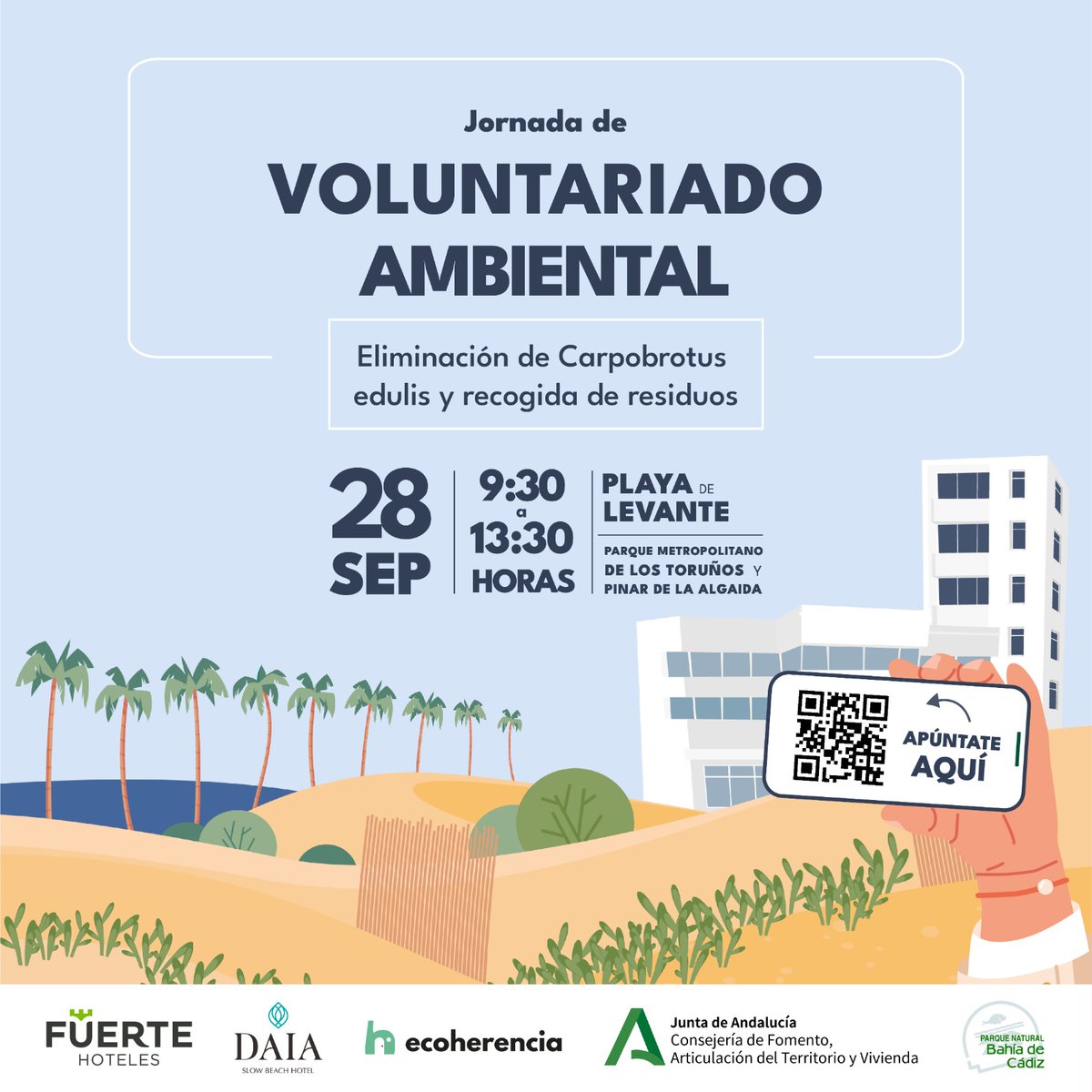 Participa en una jornada de #voluntariadoambiental para todos los públicos.

Sábado 28 de septiembre, de 9:30 a 13:30 h.

Playa de Levante, en el Parque Metropolitano de los Toruños.

forms.gle/Y6hPFadBACA2yL…

#voluntariadoambiental #cuidatuplaya