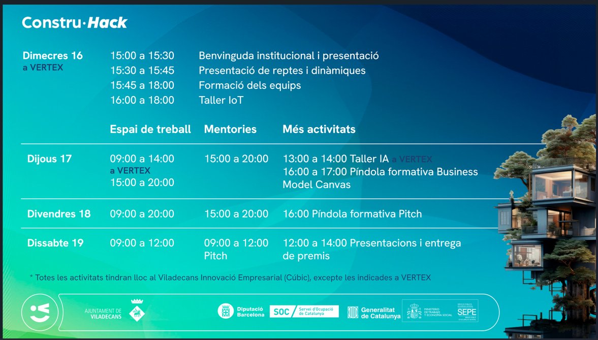 BlocEmpresarial's tweet photo. 🔔 Hackathon-lover🔔
Te compartimos el programa de #ConstruHack. En él encontrarás toda la información necesaria para participar en la #hackathon de la #construcciónsostenible de #Viladecans.⚙️
📍 🏢 Cúbic
🗓️16 al 19 de octubre
Apúntate aquí 👇
https://t.co/heVga6owgh https://t.co/mRe5ct14aS