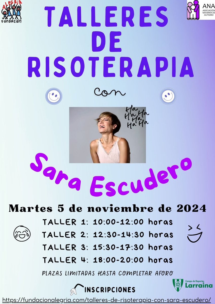 .<a href="/autismonavarra/">ANA autismonavarra</a> Aún quedan plazas para los TALLERES DE RISOTERAPIA SOLIDARIOS🤣.En beneficio de Fundación ALEGRÍA y ANA y con el objetivo de construir y consolidar equipos, motivarse, compartir y, sobre todo, REÍR, <a href="/saraescu1981/">Sara Escudero</a> se ha ofrecido para llevar a cabo varios talleres.