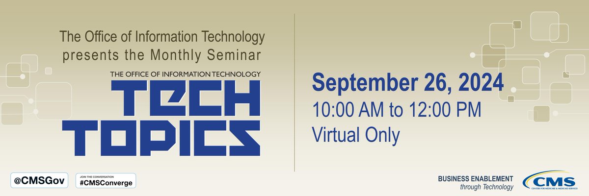 CMSGov's tweet image. CMS #Tech Topics session starts in 30 minutes.  There&apos;s still time to attend! #CMSConverge.  Please click the link to join the webinar. go.cms.gov/47vu4L7