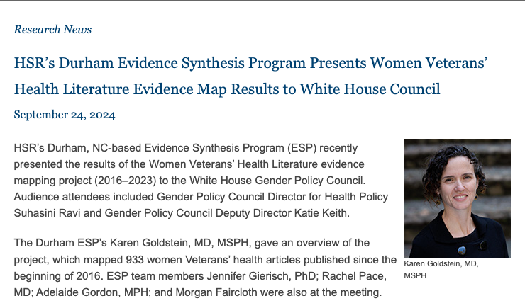 VA HSR (@vahsrd) on Twitter photo Love it when our investigators get to share evidence w/ top policymakers! <a href="/DurhamADAPT/">Durham VA Center of Innovation</a>'s Karen Goldstein presented the results of the Women Veteransā Health Literature evidence mapping project (2016ā2023) to the White House Gender Policy Council.
hsrd.research.va.gov/news/research_⦠Love it when our investigators get to share evidence w/ top policymakers! <a href="/DurhamADAPT/">Durham VA Center of Innovation</a>'s Karen Goldstein presented the results of the Women Veteransā Health Literature evidence mapping project (2016ā2023) to the White House Gender Policy Council.
hsrd.research.va.gov/news/research_ā¦