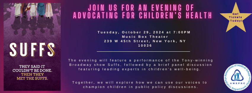 amspdc's tweet image. Join us for an evening of advocating for children's health! Get tickets now for @SuffsMusical on Oct 29, 7pm ET, Music Box Theater, NY. Brief panel discussion to follow show. amspdc.org/suffs-event-20…… @PeterHotez @DoctoraEdith @WeillCornell @amspdc