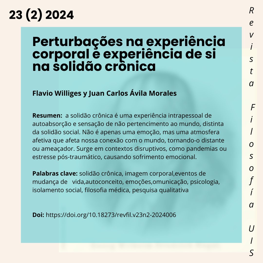 RevFilosofiaUIS's tweet photo. Perturbações na experiência corporal e experiência de si na solidão crônica.   https://t.co/GpWB4jud1U… 🦉📷#SoledadCrónica #Psicología #SaludMental #InvestigaciónCualitativa https://t.co/5JKrfCQWjK