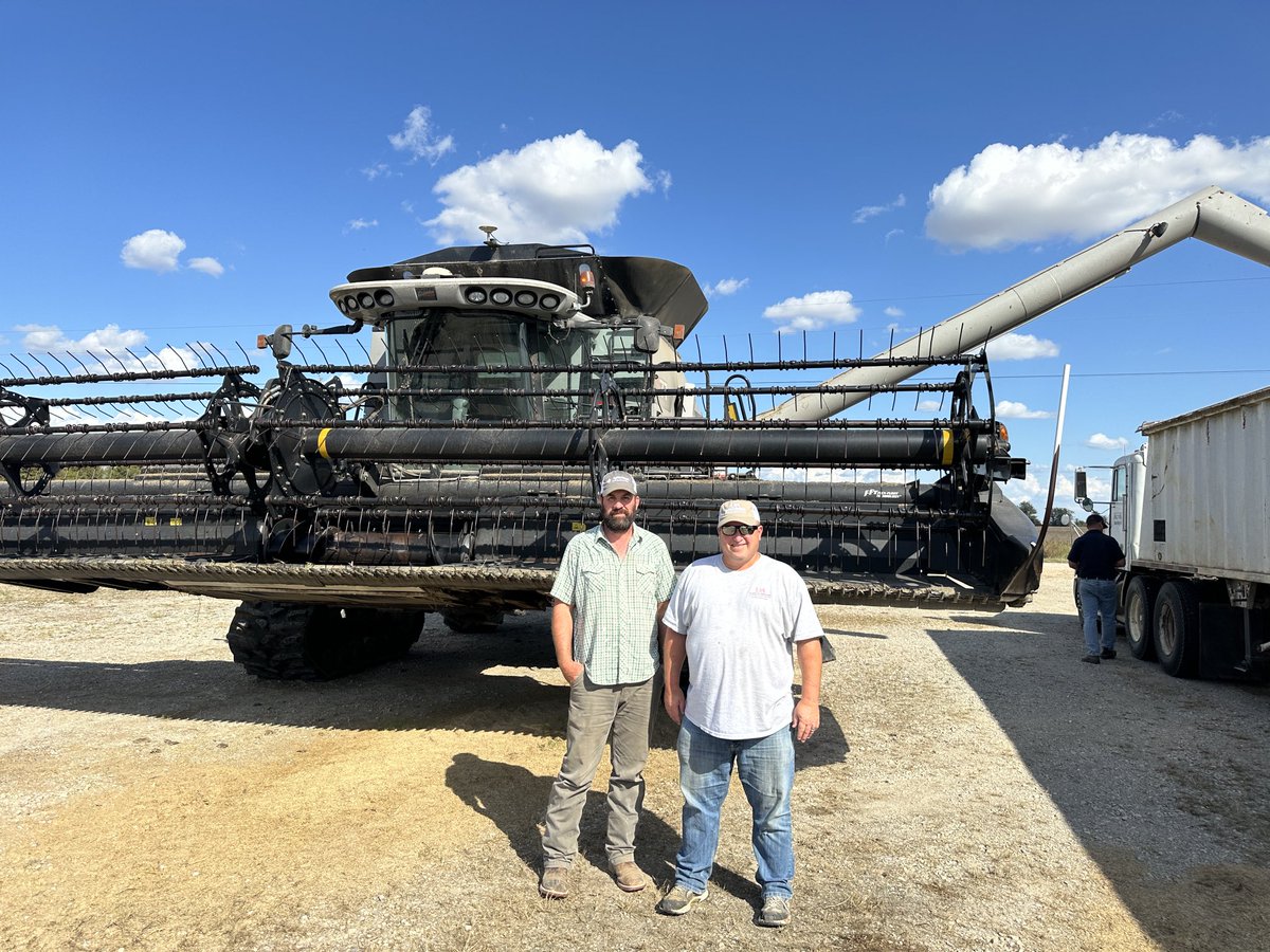 Soybean Harvest on the Binkley Farm in Lawrence County. This is Frank’s 4th year in the ⁦<a href="/CropPerDropAr/">Arkansas Crop Per Drop Contest</a>⁩ contest. Frank uses soil moisture sensors with telemetry and a surge valve to time irrigations. Pictured are Frank Binkley and Extension agent Bryce Baldridge.