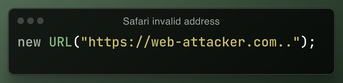 Bypass URL validation with this new payload from <a href="/h4nsmach1ne/">Mateo Hanžek</a>  that's 'invalid' to Safari, and valid in Chrome and Firefox! We've just added it to our URL Validation Cheat sheet. portswigger.net/web-security/s…