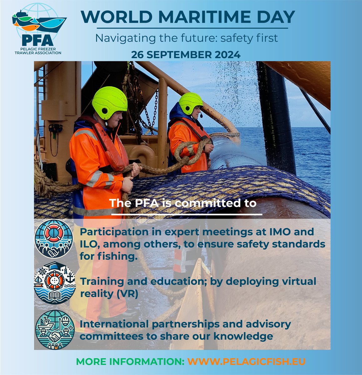 This year's theme on #WorldMaritimeDay is Navigating the future: safety first!

The people on our vessels are key to the ongoing work at sea.

Our fishers' safety is a top priority of the PFA and its members, and we try to inspire others during international consultations.