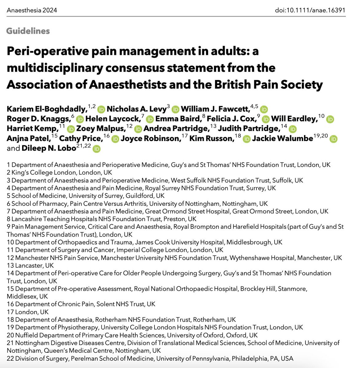 ๐๐ฏ๐ข๐ฆ๐ด๐ต๐ฉ๐ฆ๐ด๐ช๐ข (@anaes_journal) on Twitter photo Launching now at #AC2024!
Peri-op pain management in adults: a multidisciplinary consensus statement <a href="/Assoc_Anaes/">Association of Anaesthetists</a> <a href="/BritishPainSoc/">The British Pain Society</a>
Head to 'Session T4b: Managing acute pain' to hear <a href="/hlaycock/">Helen Laycock</a> introduce this brand new consensus statement!
๐โฆ-publications.onlinelibrary.wiley.com/doi/full/10.11โฆ Launching now at #AC2024!
Peri-op pain management in adults: a multidisciplinary consensus statement <a href="/Assoc_Anaes/">Association of Anaesthetists</a> <a href="/BritishPainSoc/">The British Pain Society</a>
Head to 'Session T4b: Managing acute pain' to hear <a href="/hlaycock/">Helen Laycock</a> introduce this brand new consensus statement!
๐โฆ-publications.onlinelibrary.wiley.com/doi/full/10.11โฆ