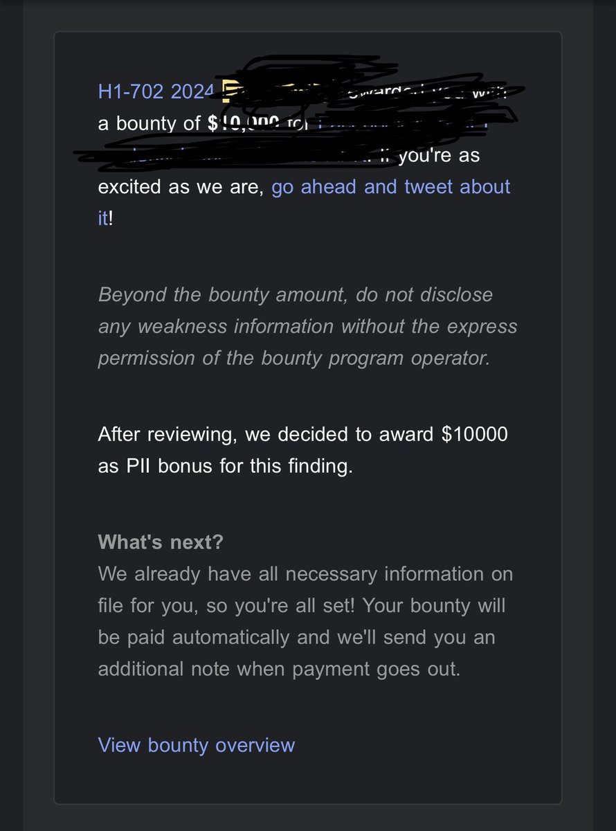 Yay, I was awarded a $10,000 bonus + $15,000 bounty for single report on <a href="/Hacker0x01/">HackerOne</a>! hackerone.com/s3c #TogetherWeHitHarder #bugbounty