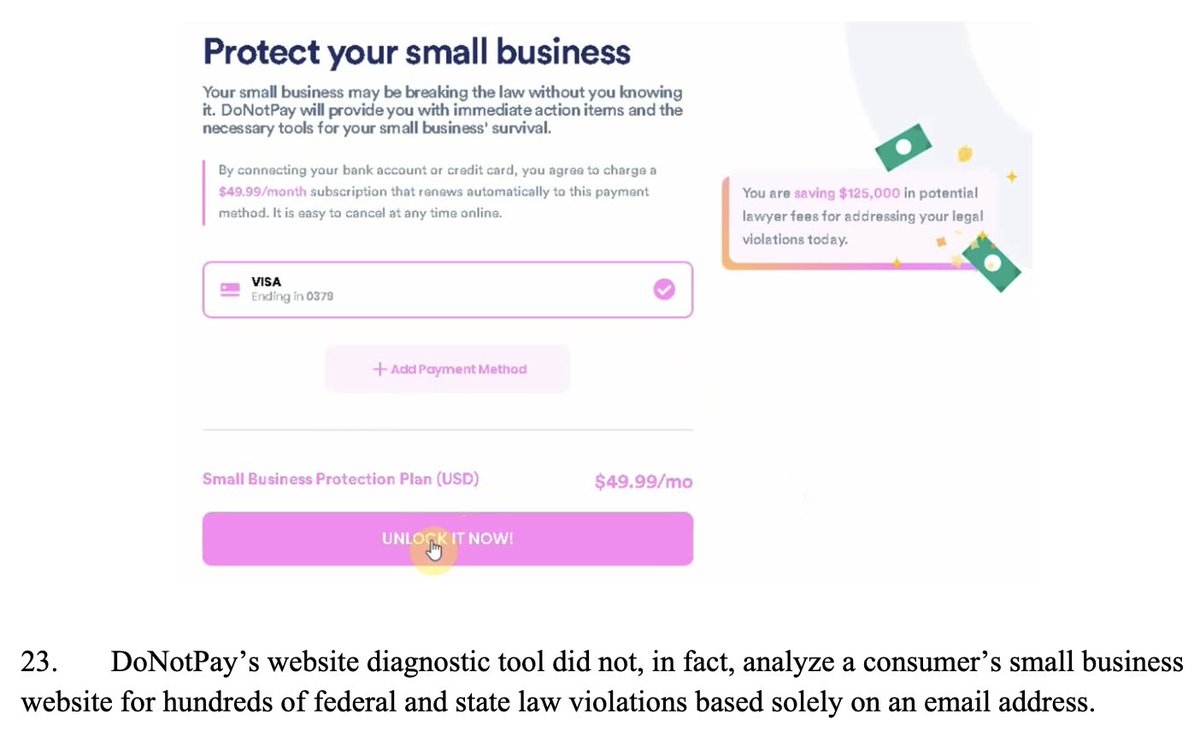 random_walker's tweet photo. The FTC is going after a bunch of AI Snake Oil vendors but I'm especially happy about the "Robot Lawyer" company DoNotPay. They capitalized on the hype around GPT-4 passing the bar exam and other exams and misled and freaked out a lot of people about job replacement. The FTC's complaint document has so many juicy (and sleazy) details. https://t.co/dyiWFyul4Z