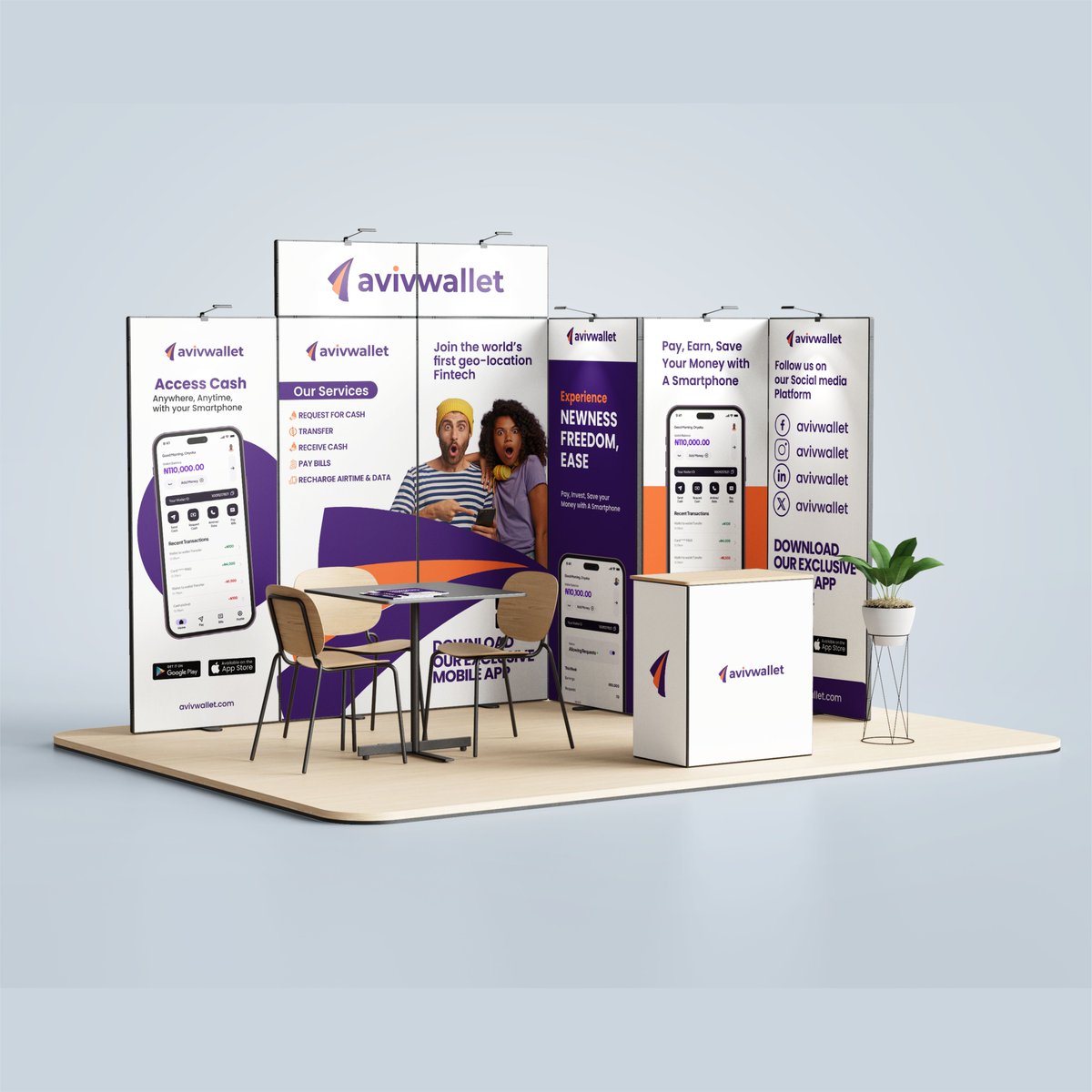 TimothyOlagoke's tweet photo. Excited to share the exhibition panel branding project for AvivWallet! 

We worked closely with their brand assets and guidelines to create a design that highlights their innovative financial app. https://t.co/qzGeIvwxrl