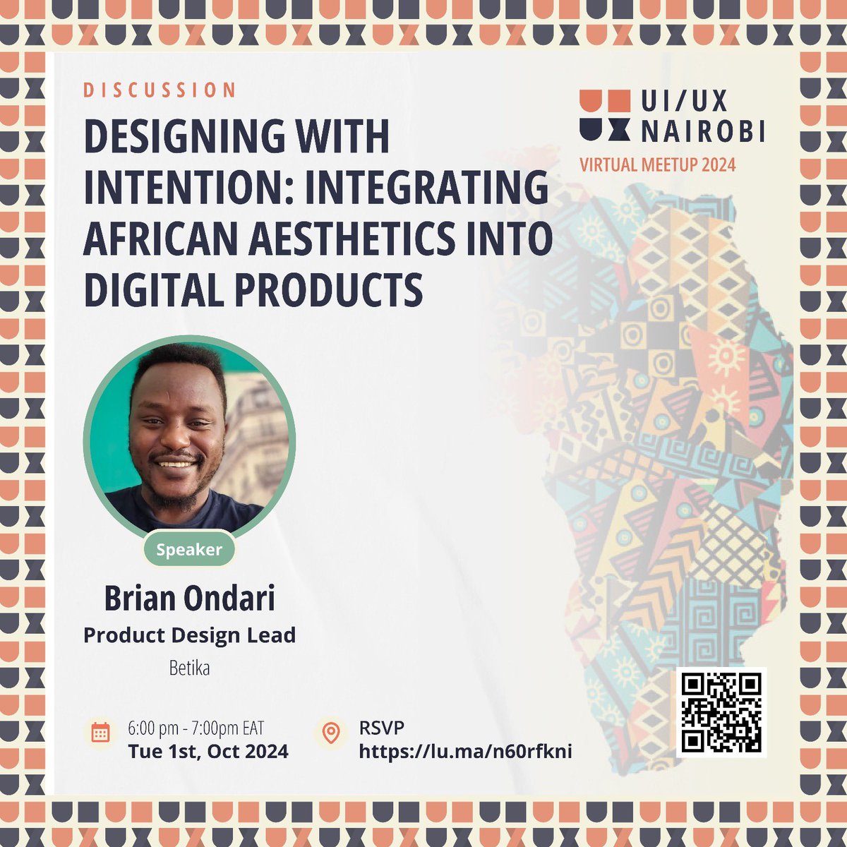 Join us for a captivating evening of design and culture! <a href="/bee_r_o/">Br</a> Brian Ondari, will share insights on incorporating authentic African aesthetics while creating impactful digital products.
RSVP here 👉🏽 : lu.ma/n60rfkni and see you on Tuesday.