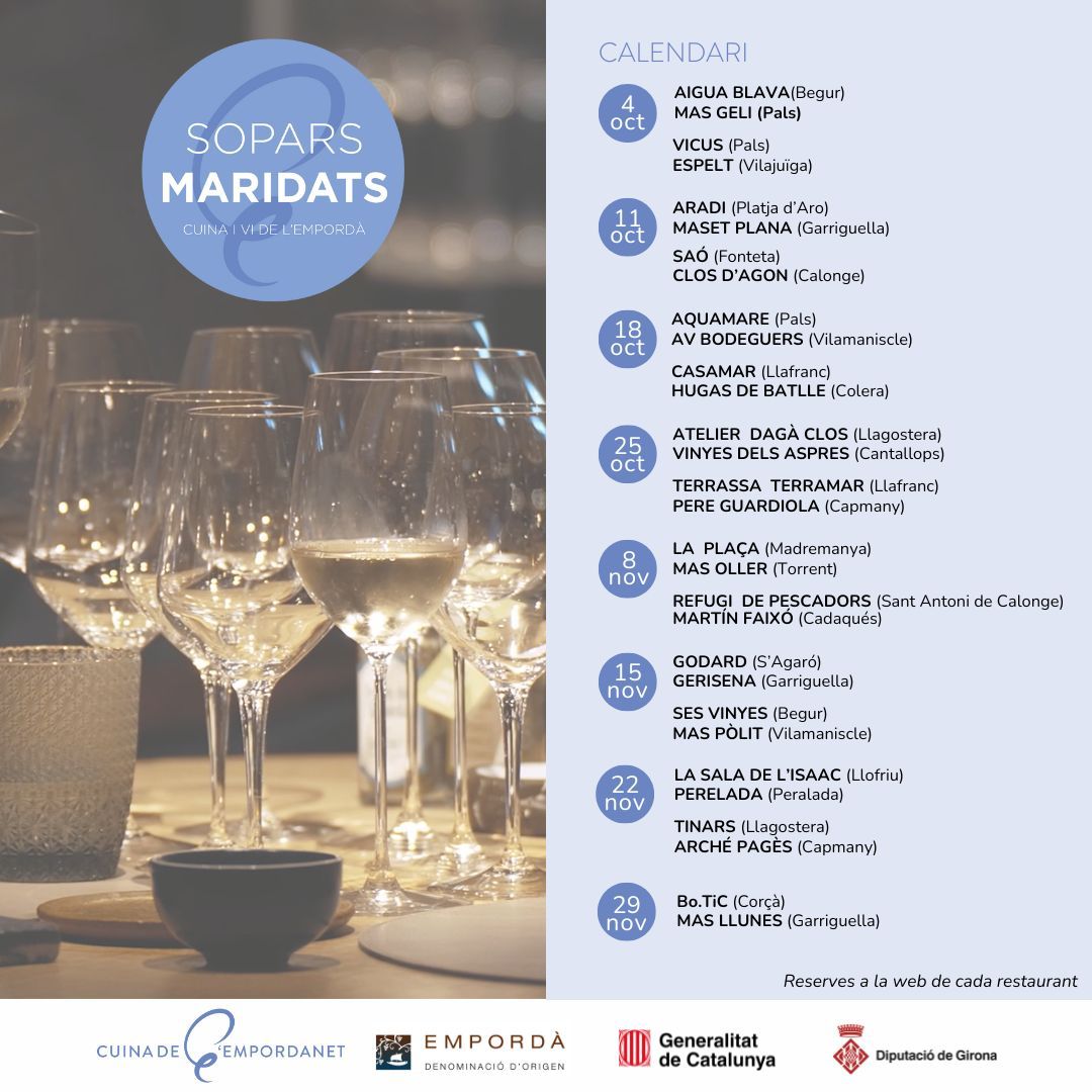 DO Empordà (@doemporda) on Twitter photo Gaudeix dels Sopars Maridats 2024! 🍽️🍷
Des del 4 d’octubre fins al 29 de novembre, restaurants de la <a href="/CuinaEmpordanet/">Cuina Empordanet</a> i cellers de la <a href="/DOEmporda/">DO Empordà</a> us convidem a gaudir de la màgia d'unir cunia i vins de proximitat ✨😋
ℹ️ Places limitades. Reserves als webs dels restaurants. Gaudeix dels Sopars Maridats 2024! 🍽️🍷
Des del 4 d’octubre fins al 29 de novembre, restaurants de la <a href="/CuinaEmpordanet/">Cuina Empordanet</a> i cellers de la <a href="/DOEmporda/">DO Empordà</a> us convidem a gaudir de la màgia d'unir cunia i vins de proximitat ✨😋
ℹ️ Places limitades. Reserves als webs dels restaurants.