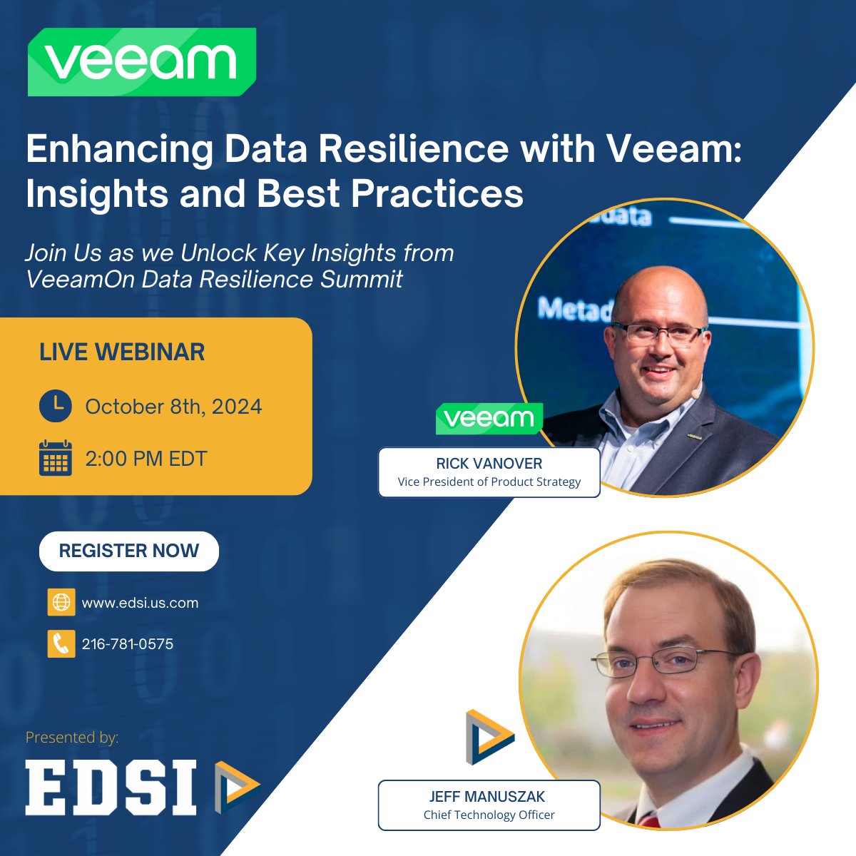 edsi_technology's tweet photo. ⏳ Webinar Countdown Begins! Less than two weeks until our webinar with @RickVanover &amp; CTO Jeff Manuszak! Secure your spot now for essential data resilience strategies on Oct 8 at 2 PM EDT.  Register here. https://t.co/abAVH4mKXK #DataResilience #Veeam #Webinar #ITSecurity https://t.co/gGAfTYjDwV