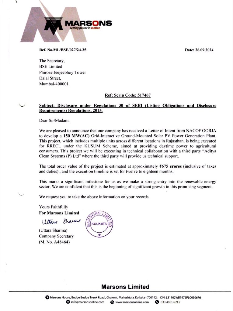Yuvraj_77's tweet photo. MARSONS LIMITED Secures 150 MW Solar PV Power Generation Plant Order from NACOF OORJA. #StocksToWatch

STOCK - #MARSON - CMP -  267.5 https://t.co/pEXbSoo8E9