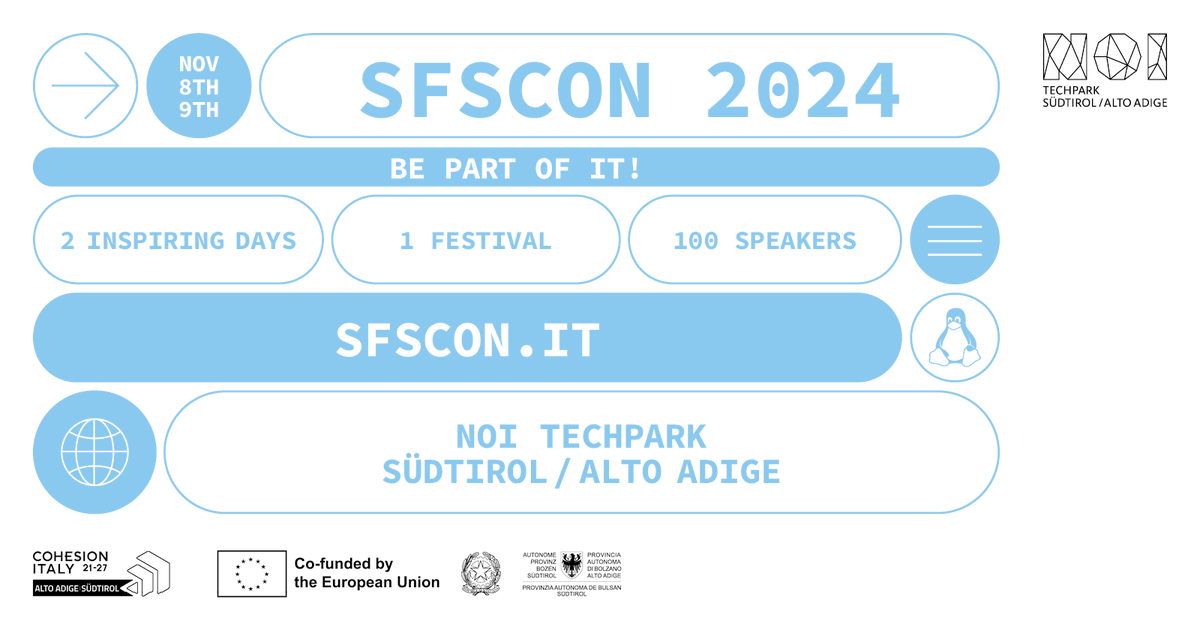 SFScon's tweet photo. 🚀 #SFSCON24 is back! 🚀
📅 8th–9th Nov, 2024
📍 NOI Techpark, Bolzano

Registrations are OPEN! Join us for inspiring talks, workshops, and networking with Free Software experts. Let's drive innovation together!💡
Check out the programme &amp; register now:
🔗 https://t.co/JnAWBtZTxY https://t.co/WdrsKkFdzW