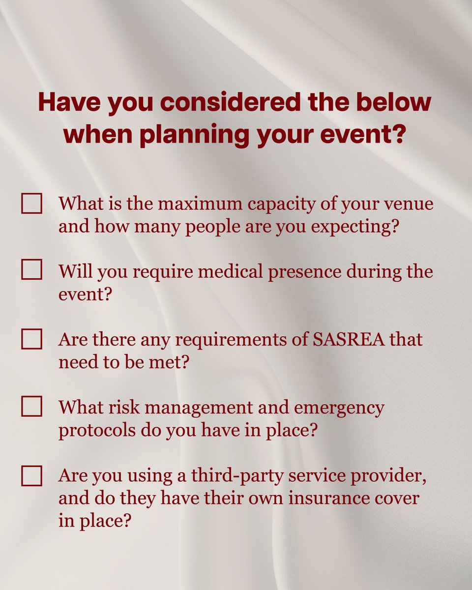 AutoandGeneral's tweet photo. We're here to help you assess the risks involved in your event planning. Take a screenshot and keep this on hand. Chat to our experts about Event Liability Insurance and tick another thing off your list.
#AutoandGeneral #NeverNotThere #EventsLiability
A&G is a licensed non-life Insurer and FSP. Ts&Cs online.