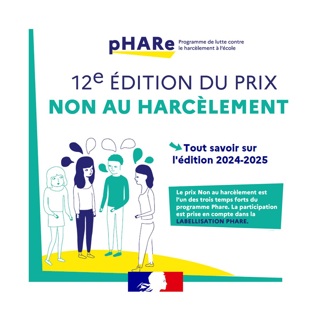 📢 Le prix #NonAuHarcèlement : un projet fédérateur qui permet aux élèves de devenir acteurs de la prévention du harcèlement et un temps fort du programme Phare !

Retrouvez toutes les informations pour participer avec vos classes, du CP à la terminale 👉 eduscol.education.fr/3544/prix-non-…