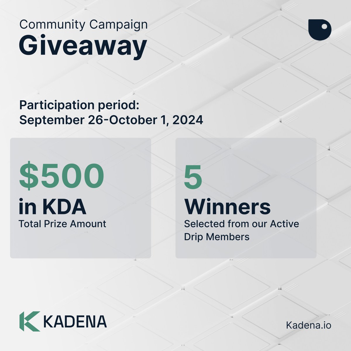 kadena_io's tweet photo. 🎁 $500 IN $KDA

We just launched a giveaway on our Discord server 👀

More information 👇
https://t.co/LcPR9oaxGv