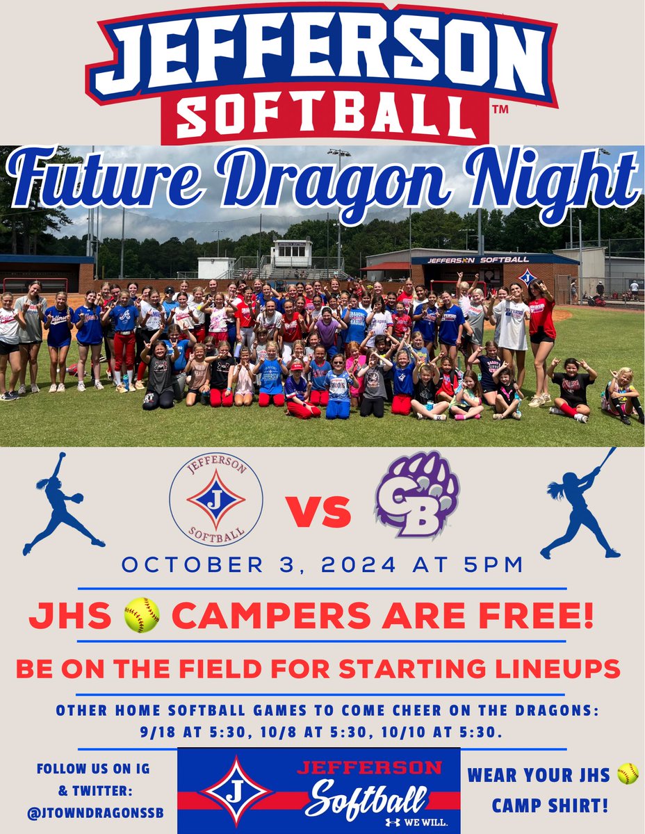 CoachBaileyJHS's tweet photo. ‼️Attention FUTURE DRAGONS ‼️ 
Make plans to join us NEXT THURSDAY! Come hang out with us before our game vs Cherokee Bluff. Popsicles during the game. Run the bases &amp; play catch on the field after the game! Wear your Jefferson Softball Jersey or camp T-shirt! 🐉🥎
#FutureDragons https://t.co/wzGIKNpog8