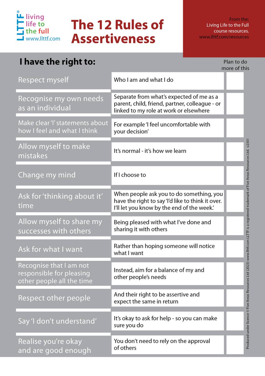 LLTTFNEWS's tweet photo. Worksheet of the Month- The 12 Rules of Assertiveness ✏️ This sheet will help you reflect and note if you are practicing healthy assertiveness skills in your day to day life &amp; relationships.
#assertiveness #rulesofassertiveness #wellbeing #mentalhealth #selfhelp #lowmood #anxiety https://t.co/IexRKpFH7r
