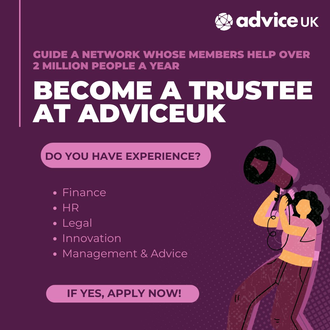 AdviceUK's tweet photo. We're looking for passionate individuals with skills in Finance, HR, Legal, and more to join our Board of Trustees! Help support the UK’s largest independent advice network and make a real difference. 🌍
⏰ Apply by 10th October 2024 - https://t.co/0jityjYWxT https://t.co/76v379pehw