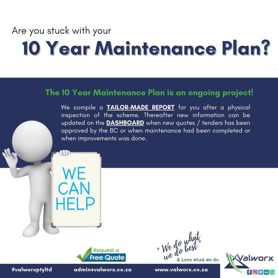 ValworxL's tweet photo. Does your scheme have a 10 Year Maintenance Plan?

Request a FREE quote at admin@valworx.co.za

https://t.co/8TGlmLp7f6 https://t.co/2vMsSXLZy7