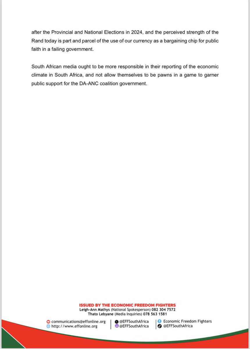 EFFSouthAfrica's tweet photo. The EFF’s Statement on Misleading Media Headlines Forecasting a R4.61 Petrol Price Cut and Mistruths Regarding Economic Recovery Under the DA-ANC Coalition 

-The fictious and inconsequential “strength” of the currency, is nothing but a political ploy to deceive South Africans into an façade that the economy is growing and investors are participating. It is an objective fact that multinational corporations that operate in South Africa are involved in accumulating profits domestically, and then shifting it to invest in foreign economies and Stock Exchanges, meaning a positive investor sentiment is meaningless in South Africa because the liquid assets of these corporations are abroad.

Further to this, to dispel the so-called resurgence of the Rand, political influences on the currency were conceded to be a vital negotiation tool between the ANC and DA after the Provincial and National Elections in 2024, and the perceived strength of the Rand today is part and parcel of the use of our currency as a bargaining chip for public faith in a failing government.