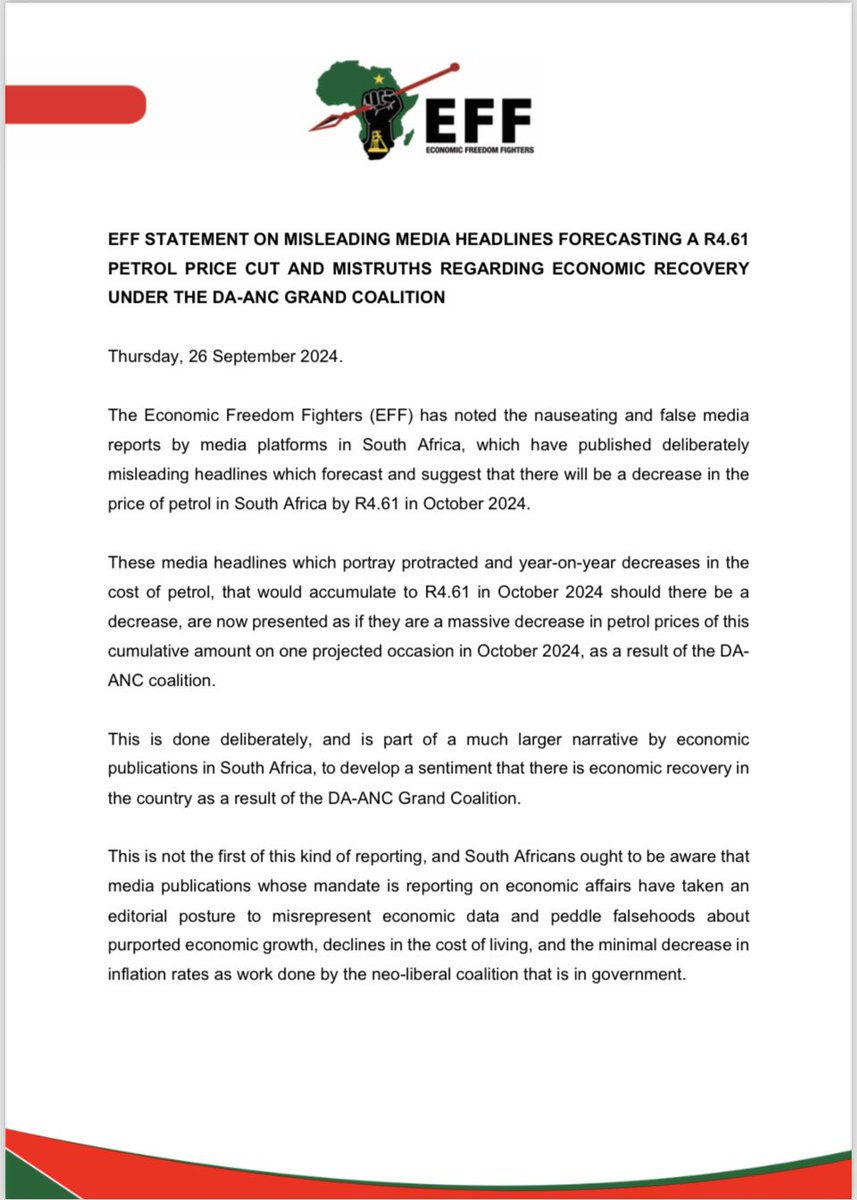 EFFSouthAfrica's tweet photo. The EFF’s Statement on Misleading Media Headlines Forecasting a R4.61 Petrol Price Cut and Mistruths Regarding Economic Recovery Under the DA-ANC Coalition 

-The fictious and inconsequential “strength” of the currency, is nothing but a political ploy to deceive South Africans into an façade that the economy is growing and investors are participating. It is an objective fact that multinational corporations that operate in South Africa are involved in accumulating profits domestically, and then shifting it to invest in foreign economies and Stock Exchanges, meaning a positive investor sentiment is meaningless in South Africa because the liquid assets of these corporations are abroad.

Further to this, to dispel the so-called resurgence of the Rand, political influences on the currency were conceded to be a vital negotiation tool between the ANC and DA after the Provincial and National Elections in 2024, and the perceived strength of the Rand today is part and parcel of the use of our currency as a bargaining chip for public faith in a failing government.