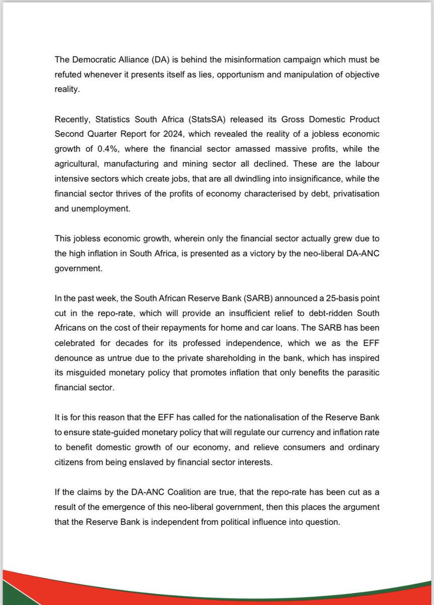 EFFSouthAfrica's tweet photo. The EFF’s Statement on Misleading Media Headlines Forecasting a R4.61 Petrol Price Cut and Mistruths Regarding Economic Recovery Under the DA-ANC Coalition 

-The fictious and inconsequential “strength” of the currency, is nothing but a political ploy to deceive South Africans into an façade that the economy is growing and investors are participating. It is an objective fact that multinational corporations that operate in South Africa are involved in accumulating profits domestically, and then shifting it to invest in foreign economies and Stock Exchanges, meaning a positive investor sentiment is meaningless in South Africa because the liquid assets of these corporations are abroad.

Further to this, to dispel the so-called resurgence of the Rand, political influences on the currency were conceded to be a vital negotiation tool between the ANC and DA after the Provincial and National Elections in 2024, and the perceived strength of the Rand today is part and parcel of the use of our currency as a bargaining chip for public faith in a failing government.