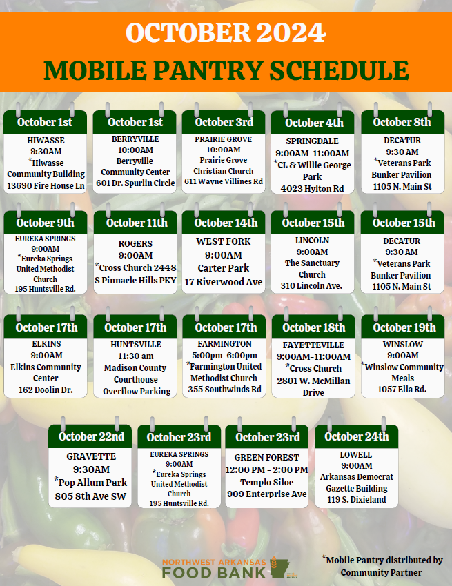 The October Mobile Pantry Schedule is now available. Please share this info with your neighbors!

We ask that you visit one Mobile Pantry per month.

#FeedingNWA