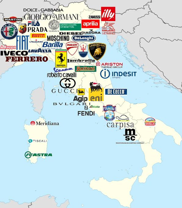 Rainmaker1973's tweet photo. Some of the most valuable Italian brands, mapped. https://t.co/1ipKOTyZ1T