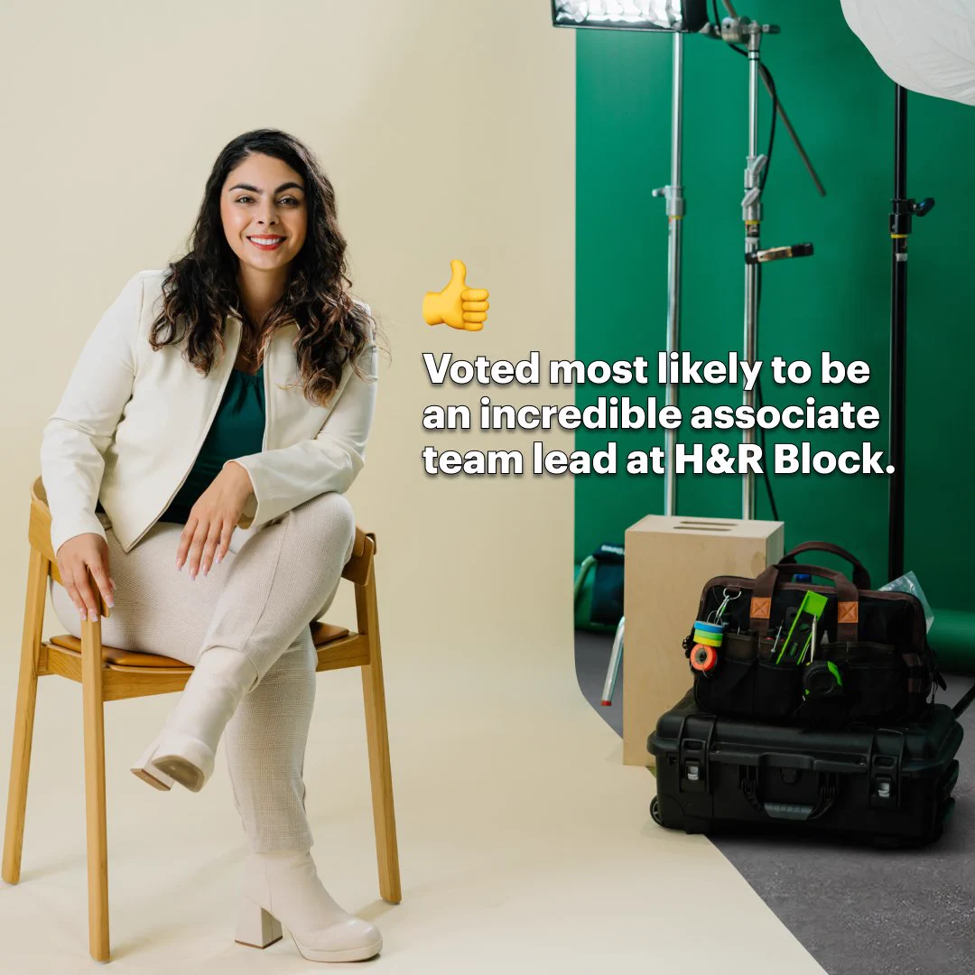Image contains: Photography, Accessories, Bag, Handbag, Blazer, Clothing, Coat, Jacket, Adult, Female, Person, Woman, Sitting

Text says: Voted most likely to be an incredible associate team lead at H&R Block.