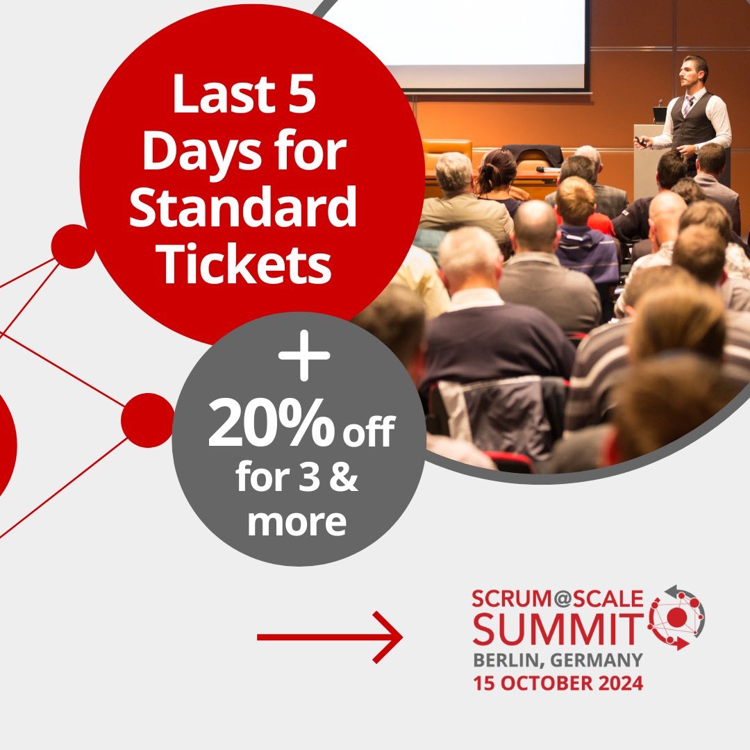 scrumscalesummt's tweet photo. Last 5 Days for Standard Tickets! 

PLUS, Get 20% off when you buy 3+ tickets for the Scrum@Scale Summit in Berlin. Prices go up on Oct 1—don’t wait! 

Secure your spot now➡️ https://t.co/6wO822jC4M

#ScrumAtScaleSummit  #ScrumatScale #Agile #Leadership #Scrum https://t.co/zWCEfzHK6r