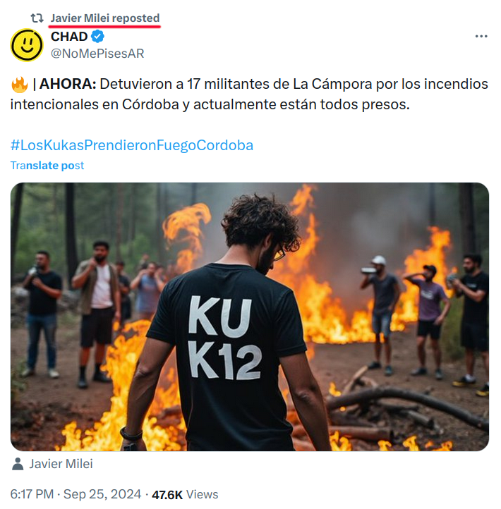 Fake news* decoradas con imágenes generadas por IA. Esto difunde el presidente <a href="/JMilei/">Javier Milei</a>.

___
* Fue desmentido por el Fiscal General y el Ministro de Seguridad de la Provincia de Córdoba.
