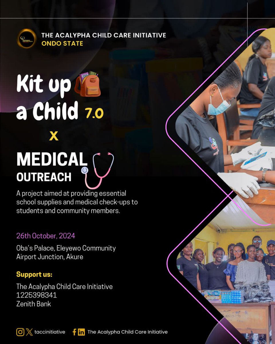 TACCInitiative's tweet photo. *KIT UP A CHILD 7.0 x Medical Outreach 2024.

#careofachild#
#Theacalphainitiative#
#2024edition# https://t.co/6W9Df433yI