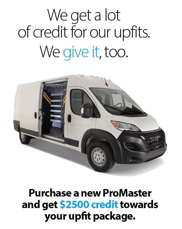 🚐 Take Advantage of Our ProMaster $2,500 Upfit Credit! 🚐

At Driverge Vehicle Innovations, we get a lot of credit for our upfits—and now, we’re giving it back to you! Purchase a new RAM ProMaster and receive a $2,500 credit towards your upfit package. 🎉